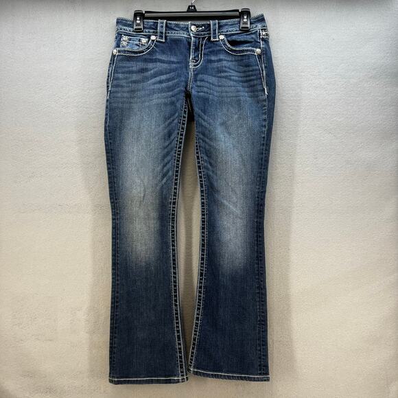 Miss Me Jeans Women's 27 (4) Blue Signature Boot Flower Sequin Pockets Blingy - Picture 2 of 15